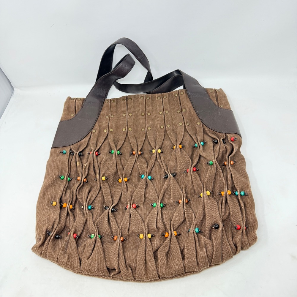 Maxximum Tote Bag Brown Large Boho Beaded Linen Cotton Leather Trim